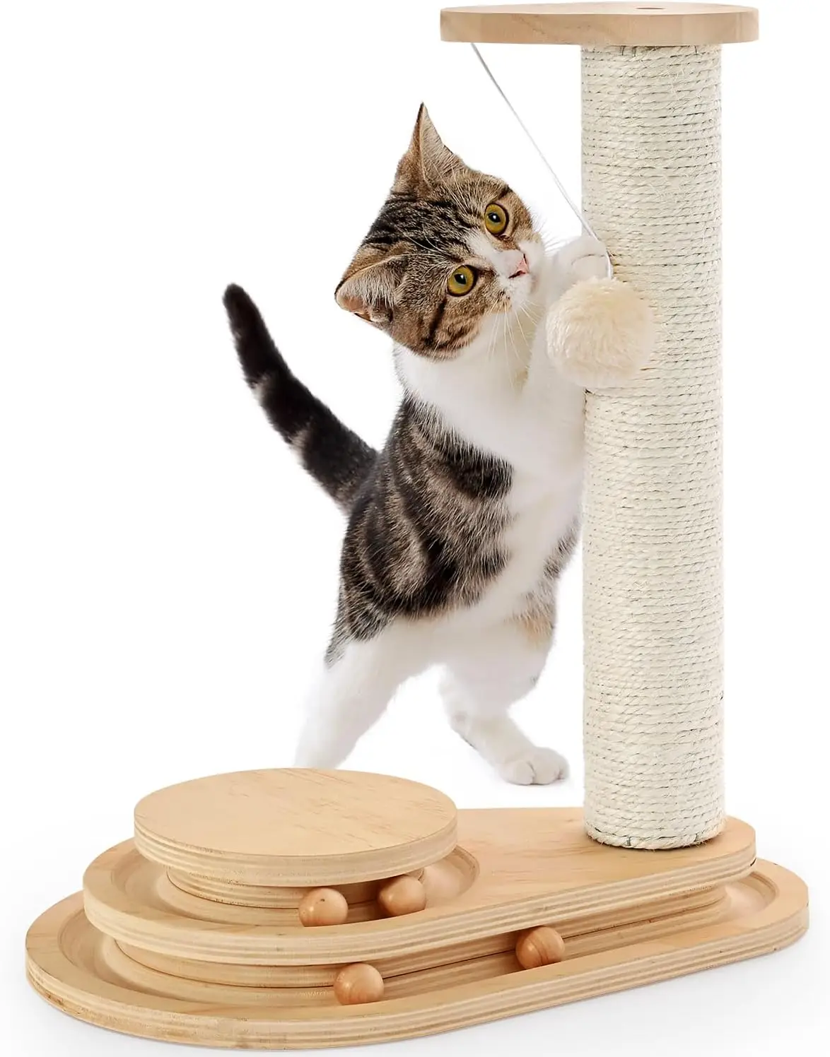 

Made4Pets Cat Scratching Post Cat Scratcher Kitten Toys for Indoor Cats Wooden Ball Track Two-Layer Modern Sisal 17.7" T