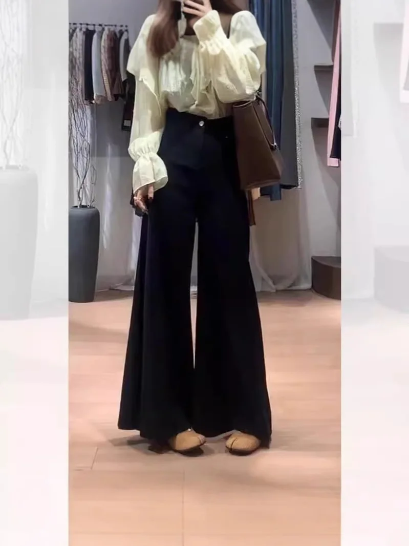 Wide Leg Pants Young Girl Elegant Womens Spring Elastic Layered Minimalist Urban Leisure Waistband Pleats Modal Sashes Trousers