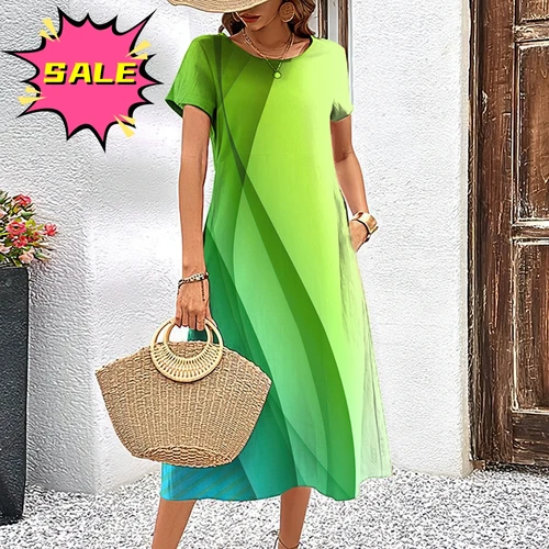 Vestido a rayas con estampado de arcoíris para mujer, traje elegante de manga corta con cuello redondo, ropa informal de gran tamaño a la moda para verano