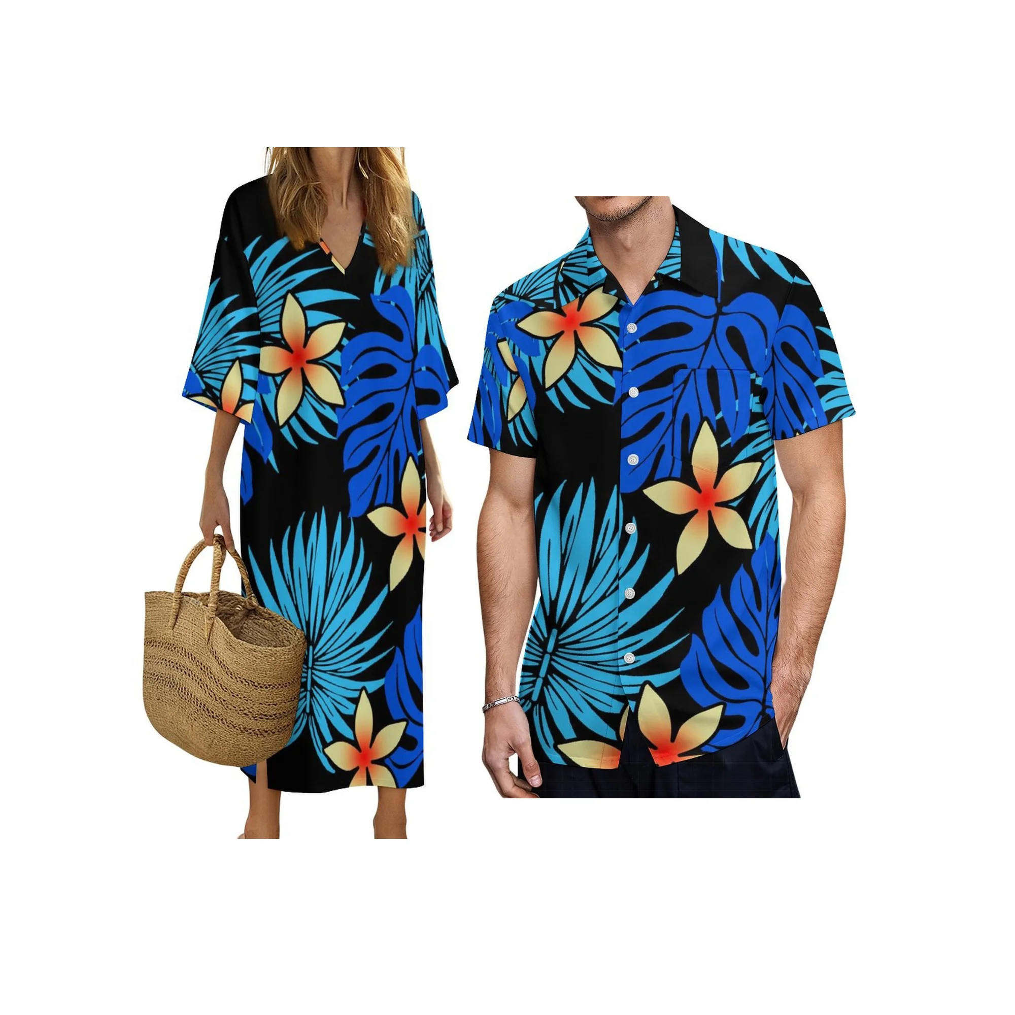 新しいカスタムメイドのハワイアンスタイルデザインファッションカップル服アロハメンズルーズシャツとディープVネック半袖レディースドレスのセット