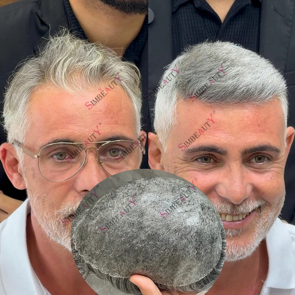 Grey 1b80 1b65 Toupee for Men Human Hair Wig Wavy 30mm Old Man's Capillary Prothesis Durable Thin Skin PU Patch BrownHair System