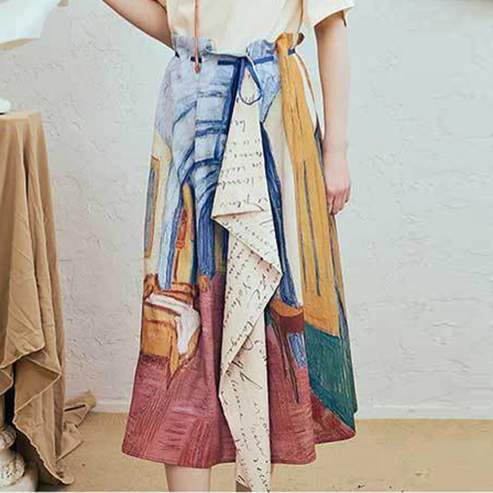 Van Gogh skirt 2025 summer new retro printing irregular art gallery female students slim and thin