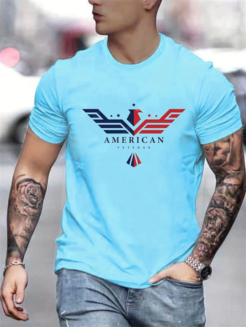 Men's Summer Loose Size Bald Eagle Usa Printed Slim Fit Casual Round Neck Short Sleeve T-shirt Top