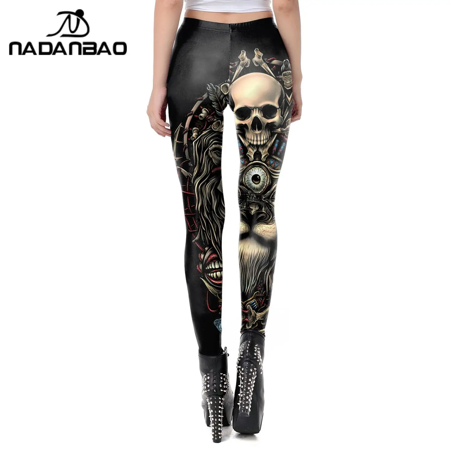 Nadanbao Women Leggings Brand Hot Sale Leggings Gothic Skull Punk Pants Retro Mid Waist Push Up Leggins Workout Ankle Trousers