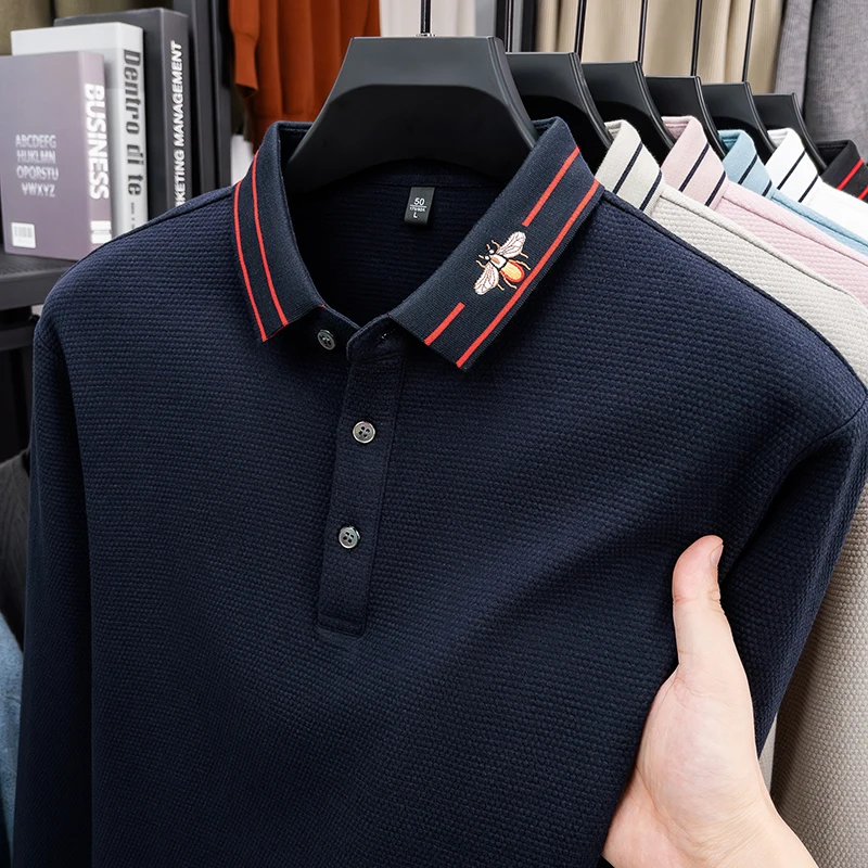 premium quality men long-sleeved polo shirt thicken bee embroidery autumn winter new long sleeves versatile casual mens clothing