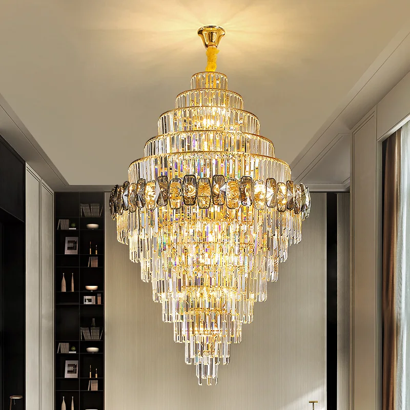 Light Luxury LED Crystal Chandelier Duplex Living Room Lamp Luxury Lighting Lamp Middle Floor Hall Villa Large Chandelier