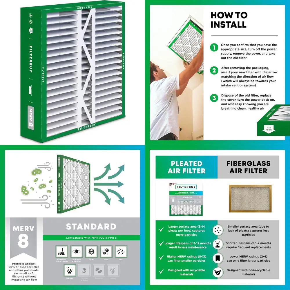 

20x20x5 MERV 8 Air Filter, 4-Pack, Pleated for HVAC Systems, Actual Size: 19.63x19.88x4.38