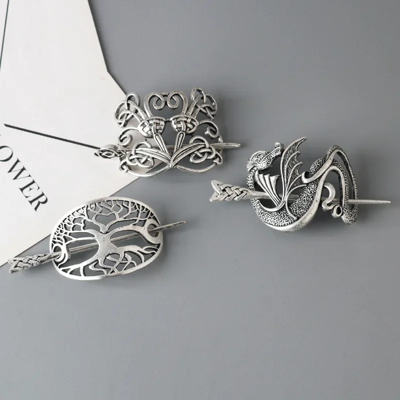Forcina vichinga Nodi celtici Corona Bastone per capelli in metallo vintage Rune Draghi Clip per capelli scivolo Accessorio per gioielli per capelli da donna