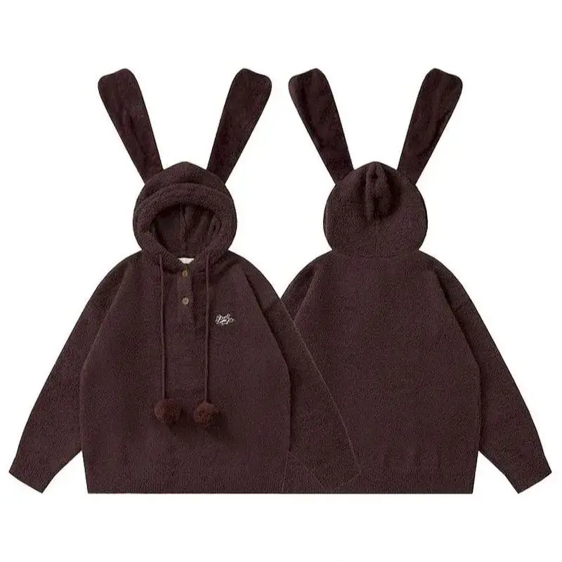 

Fashion Hoodies Fleece Rabbit Ear Women Autumn winter Trendy Cardigan Hooded Jackets Sweet Cute Loose Outwear Coats Woman 2025