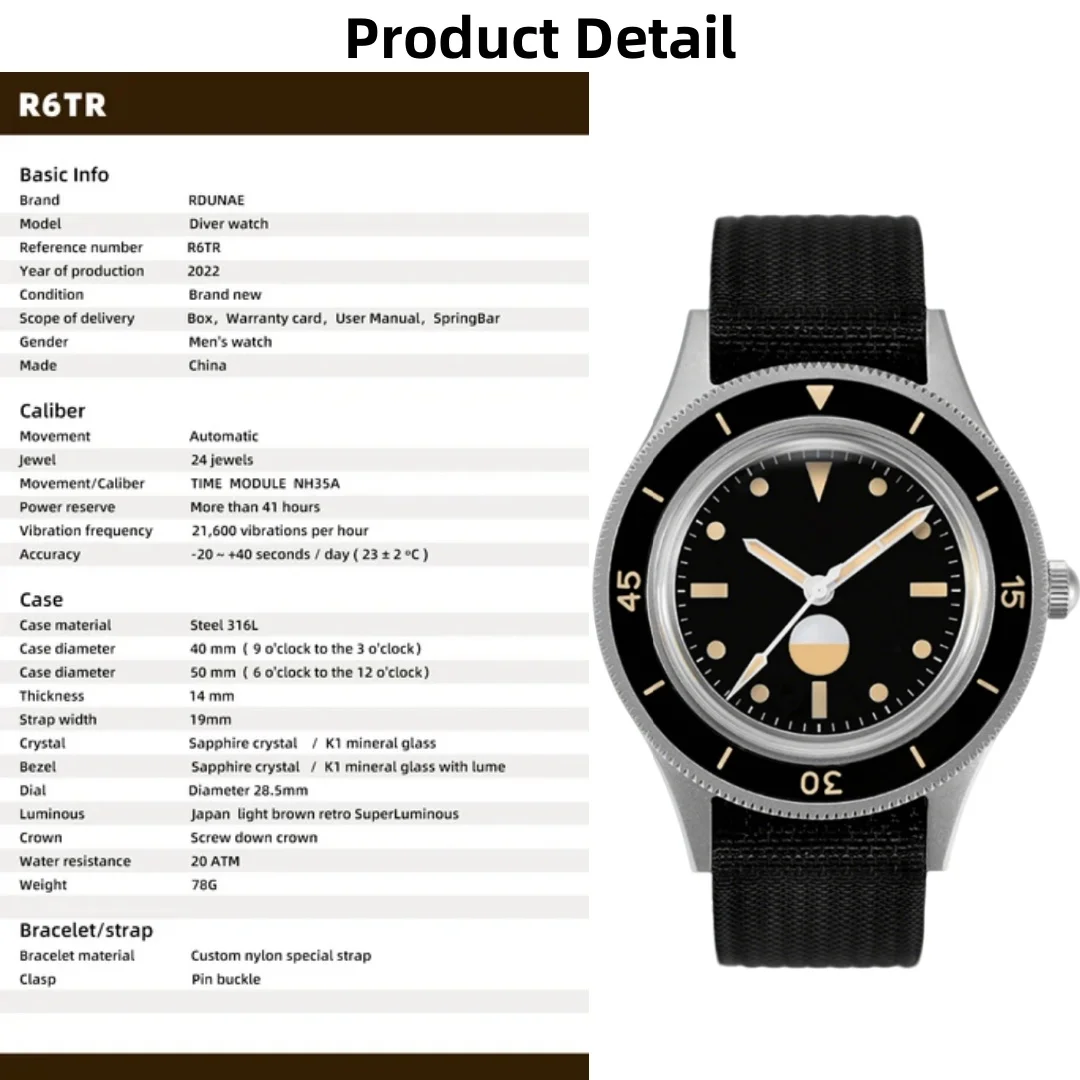 RDUNAE 2025 Neue mechanische Herrenuhr NH35A 40 mm leuchtendes Barracuda-Topfdeckelglas