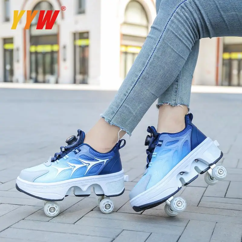 Four-Wheel Dual-Use Skating Shoes Double-Row Roller Student Men\'s Casual Sneakers Women\'s Men\'s Sport Walking Running Shoes