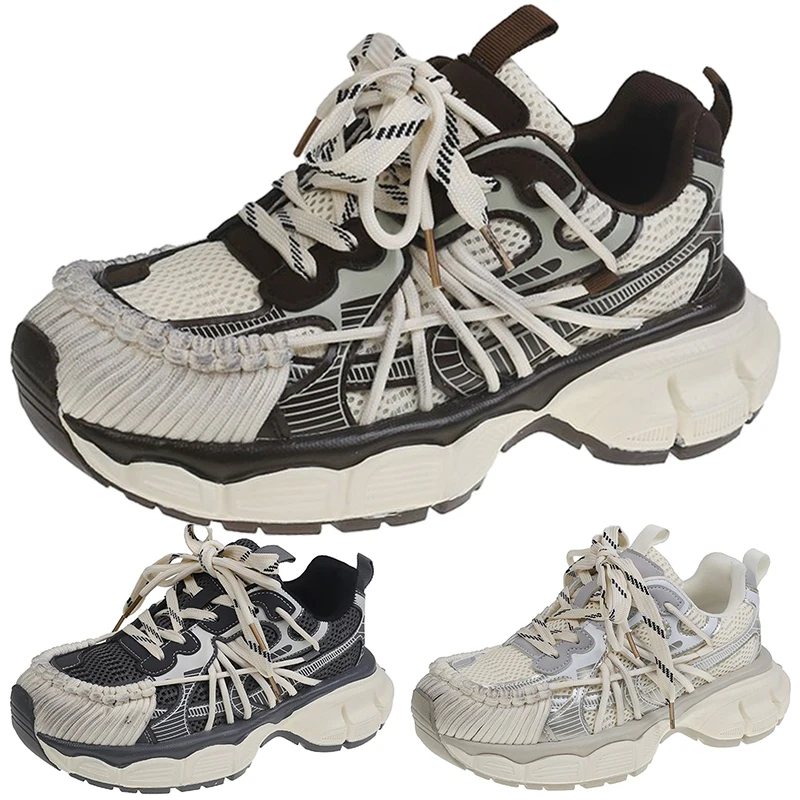 

НОВЫЕ туфли-лодочки на среднем каблуке, женская сетчатая обувь, удобные летние брендовые кроссовки на массивном каблуке со шнуровкой, повседневная обувь