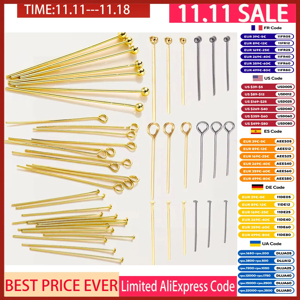 100Pcs 16-50mm 14/18K Gold Plated  Eye Flat Head Pins Needle Ball Head Pins bead Pendants Connectors For Jewelry Making Findings