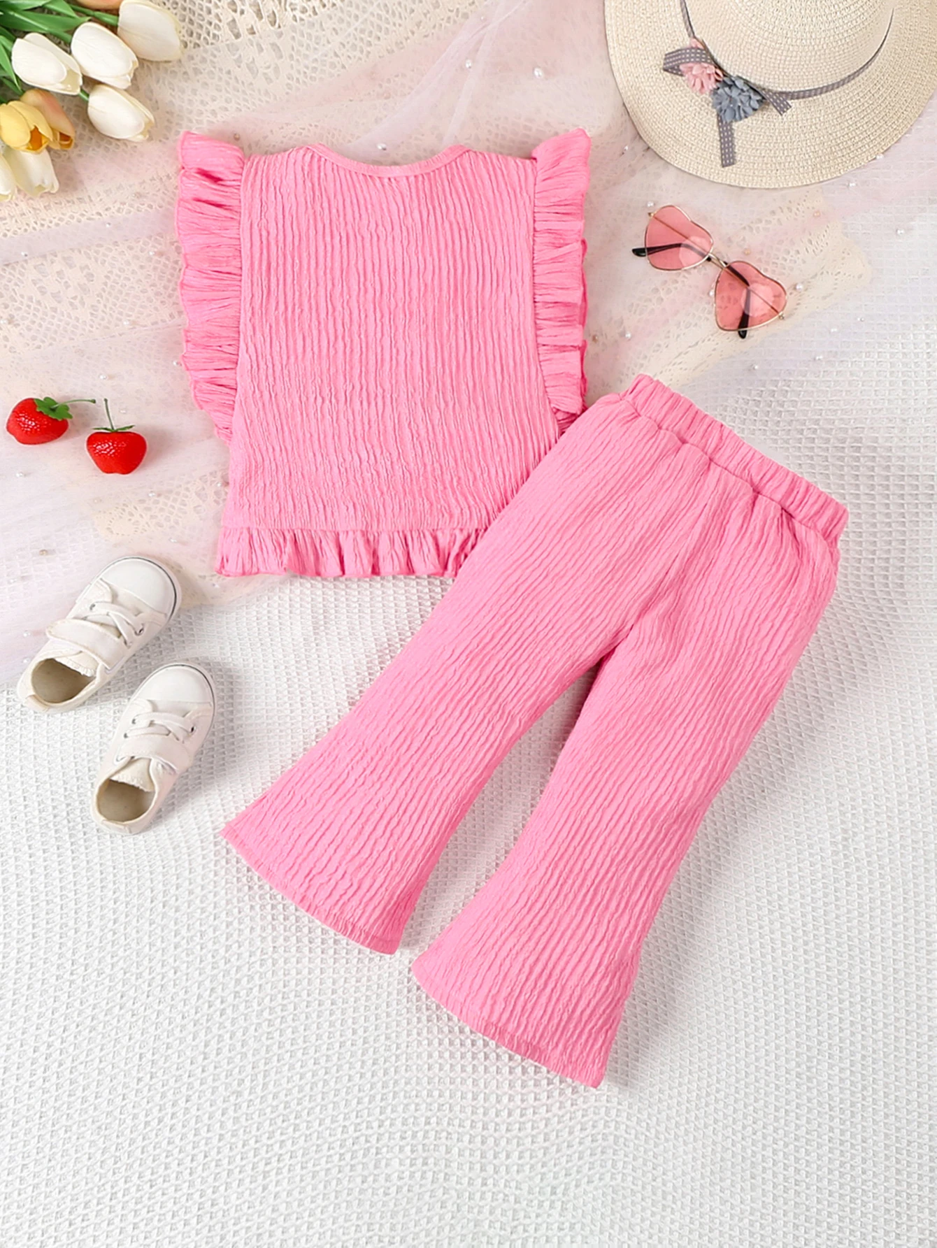 2 pieces of baby girl fashion alphabet fruit cherry embroidery ruffles sleeveless top   long pants set summer