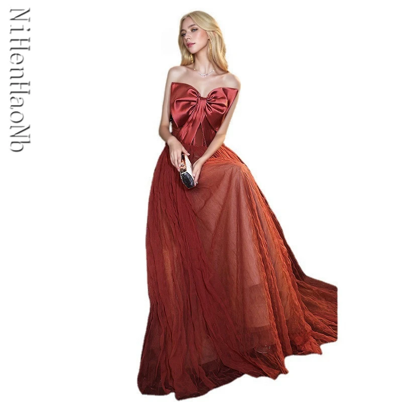 

Bride Burgundy Bow Evening Dresses 2024 Women Sexy Tube Top Tulle Long Party Dress for Wedding Formal Prom Gown