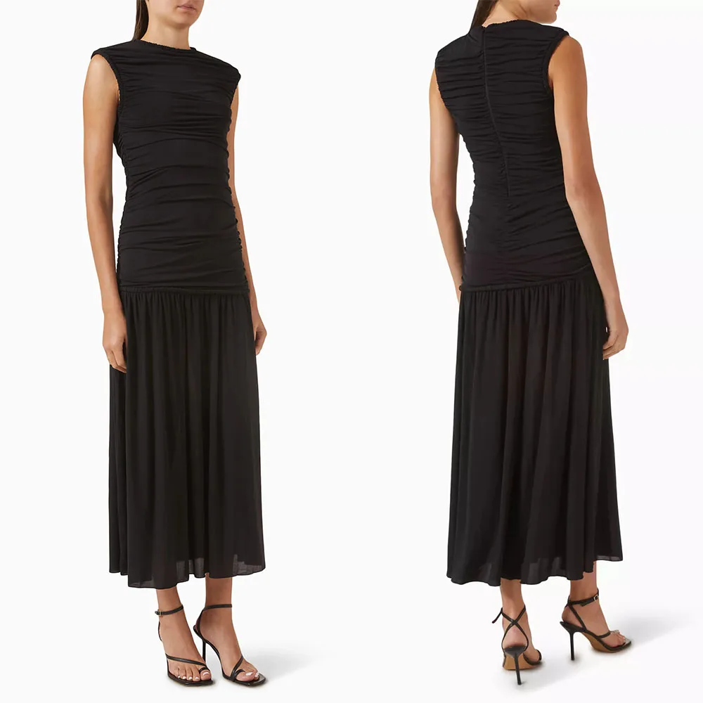 

High Quality Customized High Collar Black Ankle Length Sleeveless Elegant Dress Women for Wedding Party Robe Pour Mariage Invité