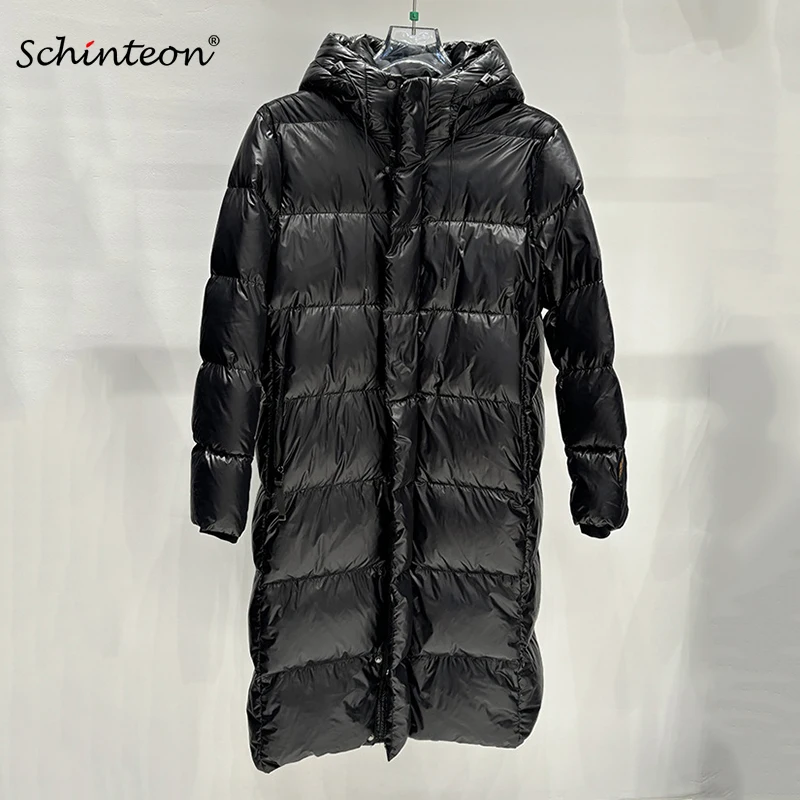Schinteon Women White Duck Down Long Jacket with Hood Casual Over Size Autumn Winter Warm Loose Thick Windbreaker Outwear 2023