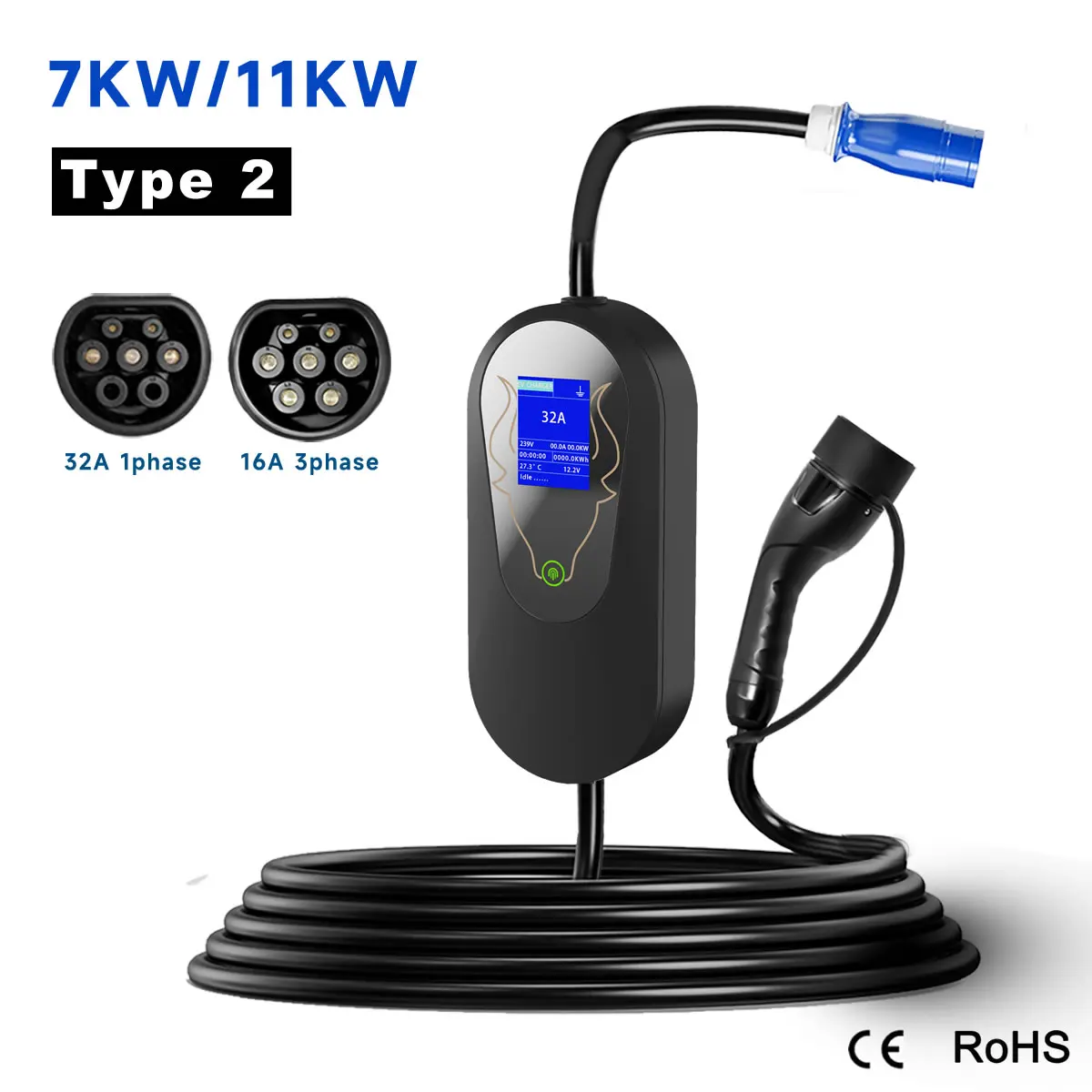 Type2 11KW 16A 3 Phase 7kw 32A 1 Phase Charging Cable CEE Plug Wall Home Electric Vehicle Portable EV Charger for Electric Car