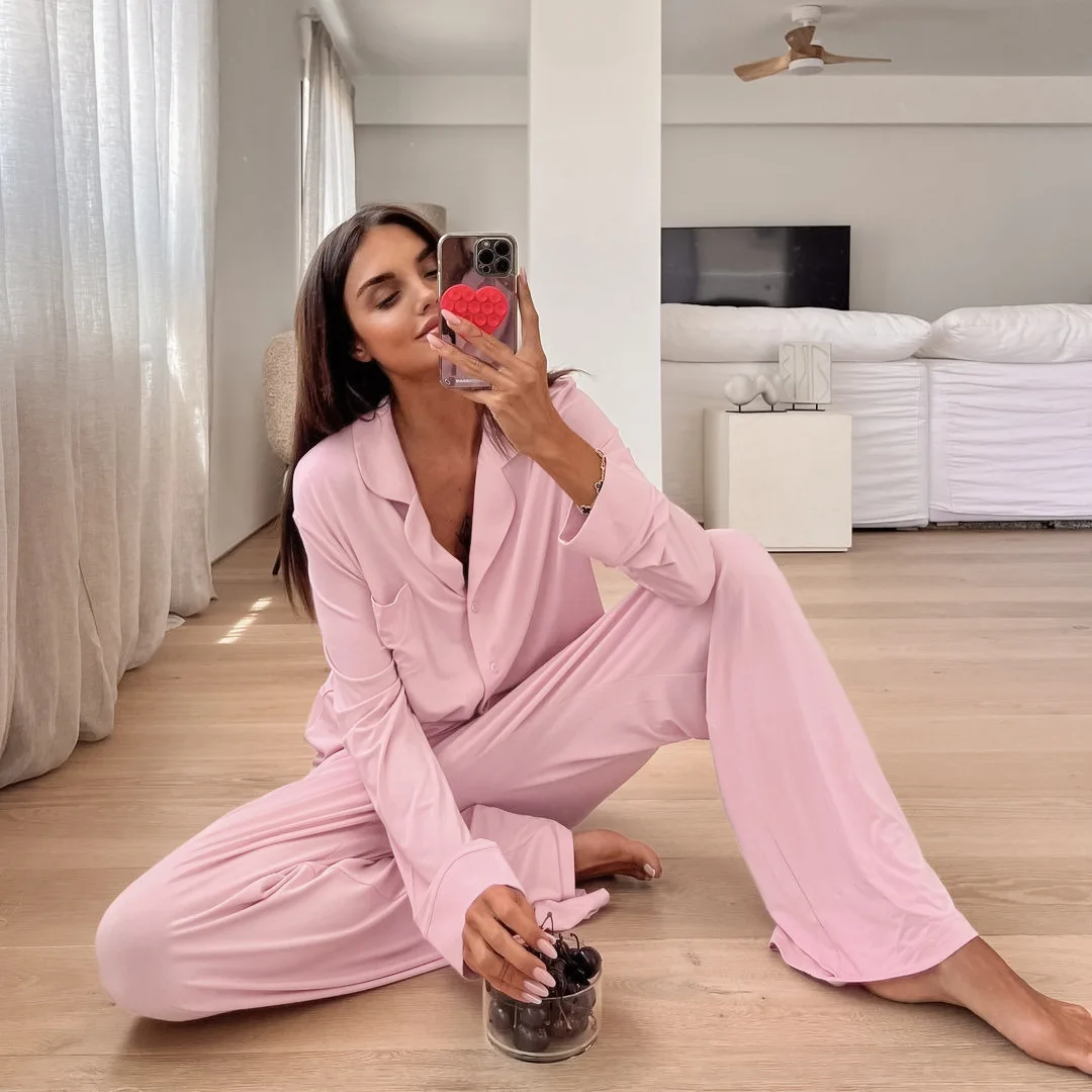 Women Pajama Sets Casual Single Breasted Coats Lapel Full Sleeve Two Piece Lounge Suit Solid Straight Long Pants Autumn 2026