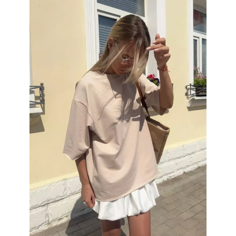 2025 뜨거운 판매 코튼 티셔츠 여성 닳은 라운드 넥 테리 천 반팔 루즈 기본상의