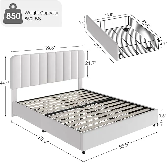 Full Size Upholstered Bed Frame with 4 Drawers and Adjustable Headboard, Velvet Platform Storage Bedframe Mattress Foundation