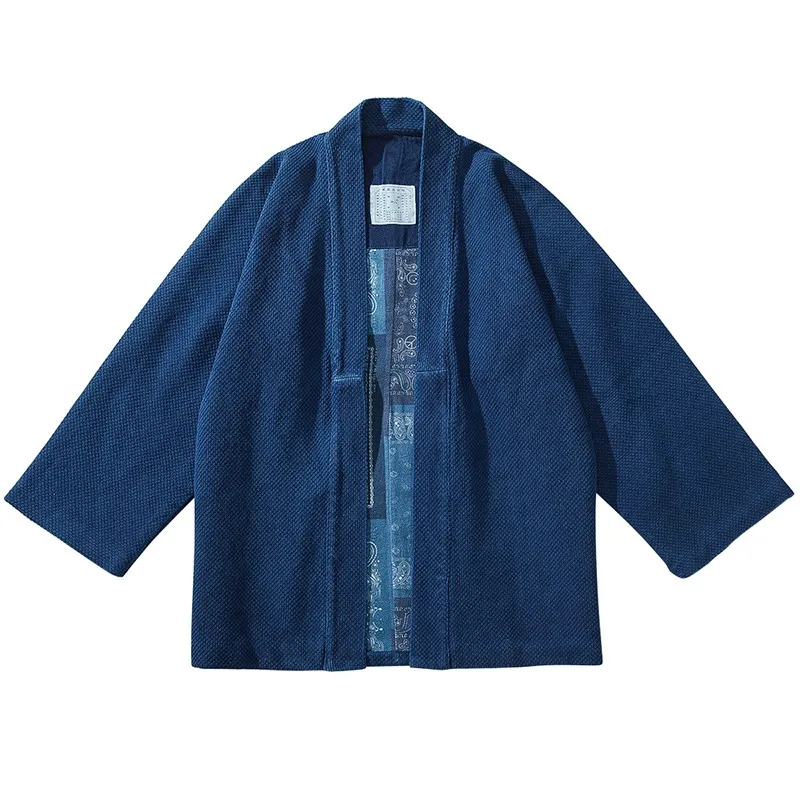 

High Quality Amekaji Style Wear Men's Blue Dyed Robe Japanese Retro Kimono Jacket Jacket