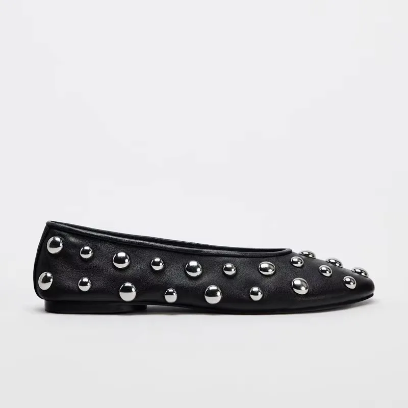 Women Casual Shoes New Rivet Round Head Flat Casual Sneakers Women Luxury Ballet Silver Ball Metal Hollow Mary Jane Shoes Women