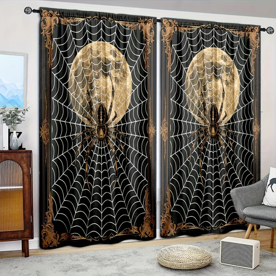 2PCS Digital Printed Curtains, Golden Ornate Frame Spider Web Moon Spider, Victorian Gothic Dark Academia Window Decor Room