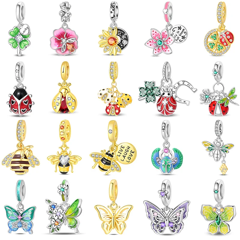 925 Sterling Silver Flower Four-Leaf Clover Beetle Bee Butterfly Charms Pendant For Women Fit Original Bracelet DIY Jewelry Gift
