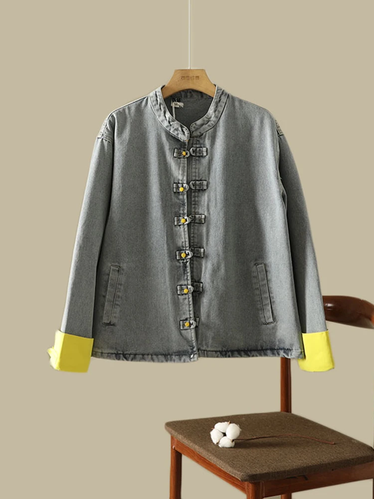 

Женская джинсовая куртка Waed Jaet Long Sve round Ne Spring Faion Color Blo, новый повседневный топ на пуговицах в китайском стиле