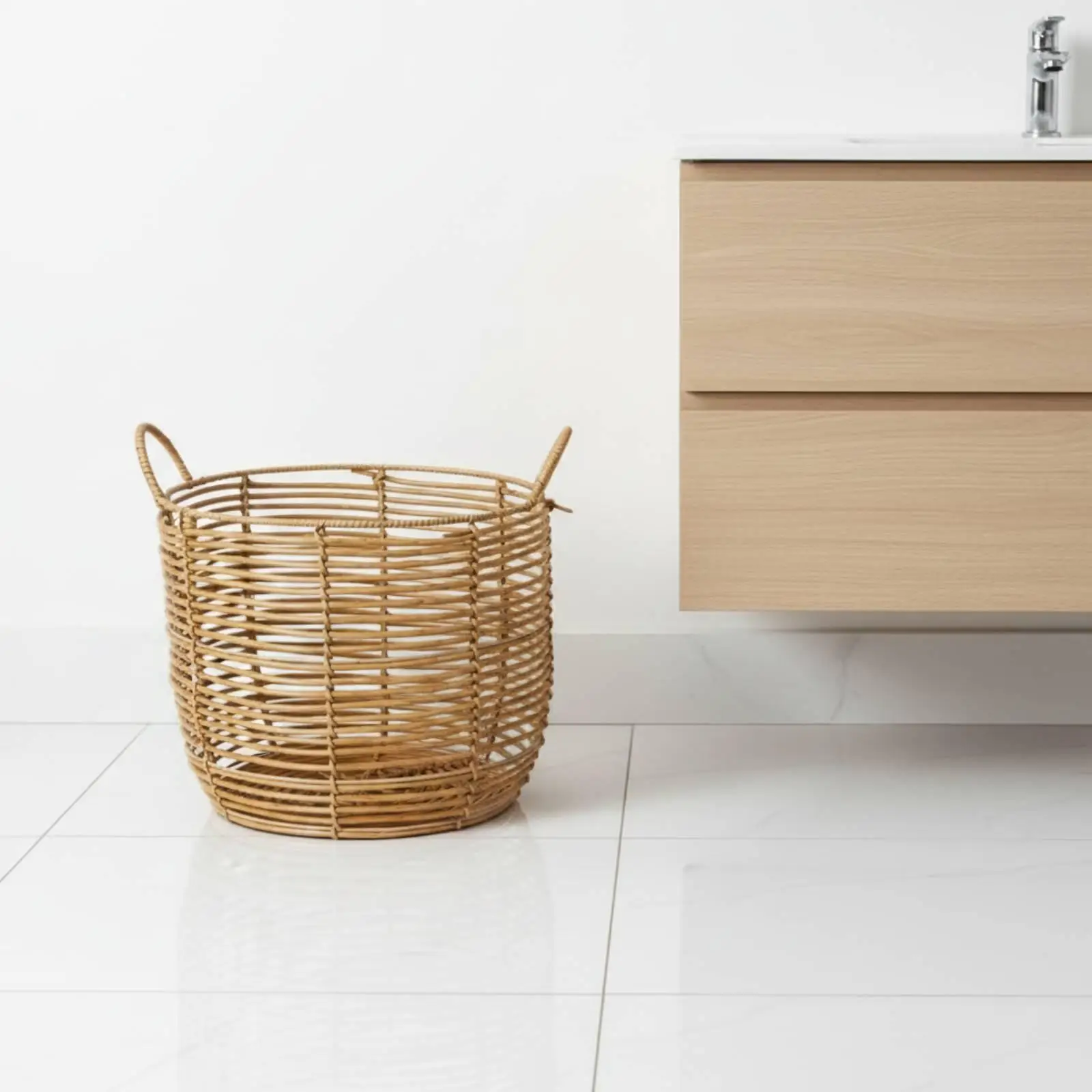 Storage Basket for Laundry and Toys Round Woven Rattan Plastic Bin with Handles for Home Decor