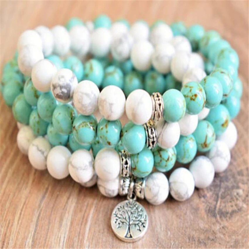 

8mm Turquoise Howlite Bracelet 108 beads Yoga Mala Bangle Beaded Unique Relief Wrap Charm Stones Prayer