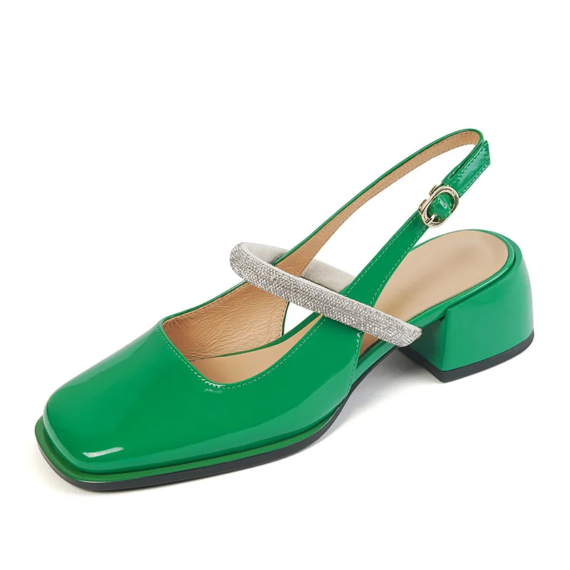 Patent Leather Slingbacks Women T-Strap Sandals New Summer Ladies Green Brown Apricot Black Shoes Woman Mid Heel Crystal Sandals