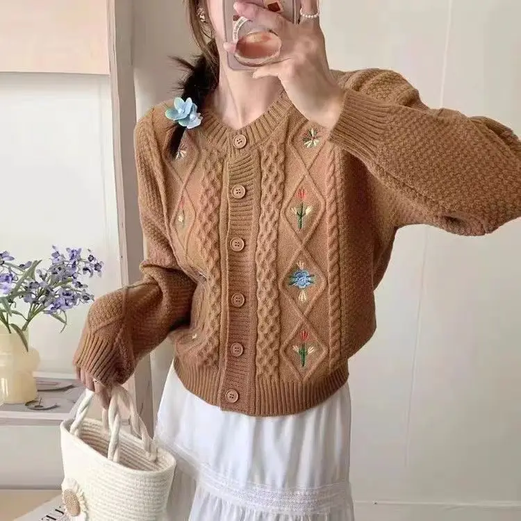 Geborduurd kort truijack voor dames herfst winter 2025, nieuwe stijl, stijlvol gebreid vest met ronde hals, gekoppelde losse top