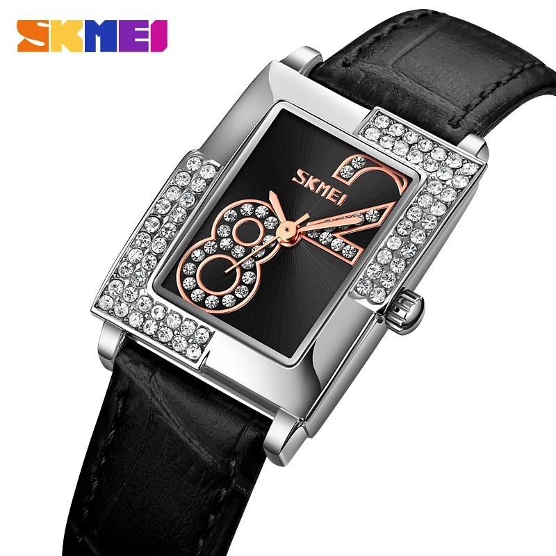 SKMEI reloj para mujer Japan Quartz Movement Watch Women Luxury Rhinestone Time Scale Ladies Wristwatches Genuine Leather Clock