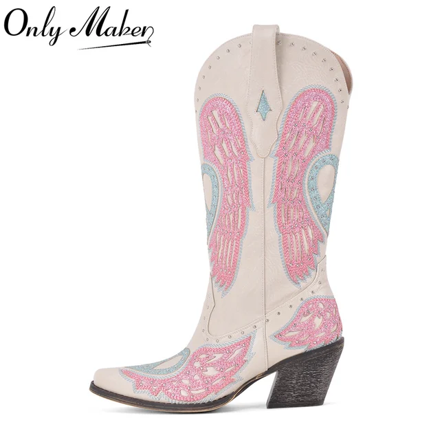 Onlymaker, botas de vaquera occidentales con punta estrecha y hasta la rodilla para mujer, botas de vaquero con tacón de bloque grueso y pantorrilla ancha bordadas