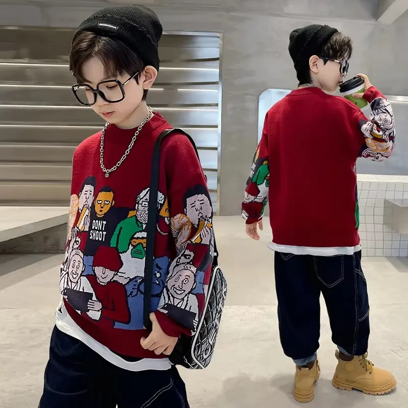 Fancy Child Spring Sweaters with Cartoon Characters For Boy Fall Knit Costumes Kids Burgundy Grey Color Knitwear Teens Clothes