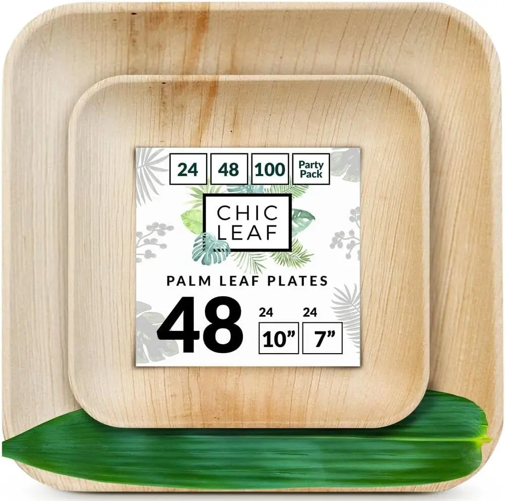 Chic Leaf Palm Leaf Disposable Plates - Bamboo Plates Disposable 10 Inch & 7 Inch Square (48 Pc) Compostable & Biodegradable,