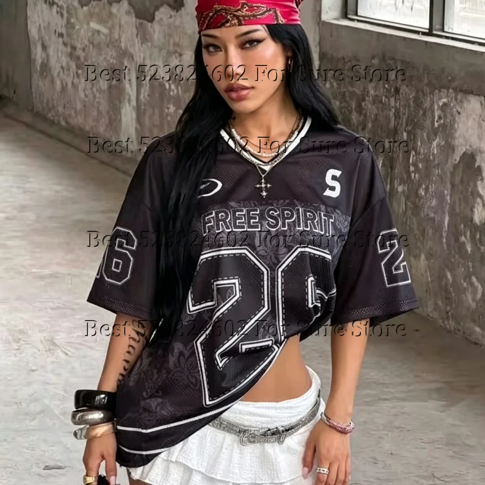 Y2K Free Spirit 22 Number Mesh Jersey Tops Women Vintage Paisley Print V Neck Short Sleeve Tshirt Hip Hop Streetwear Sports Tee