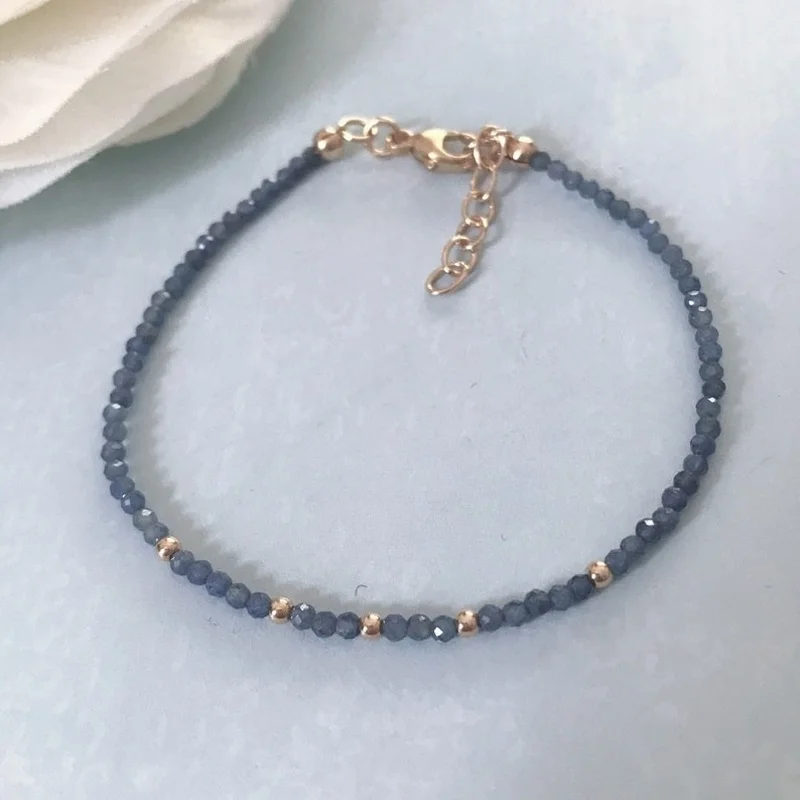 2-3MM Dainty Blue Sapphire Faceted Round Gemstone Beads Handmade Bracelets 6-8''