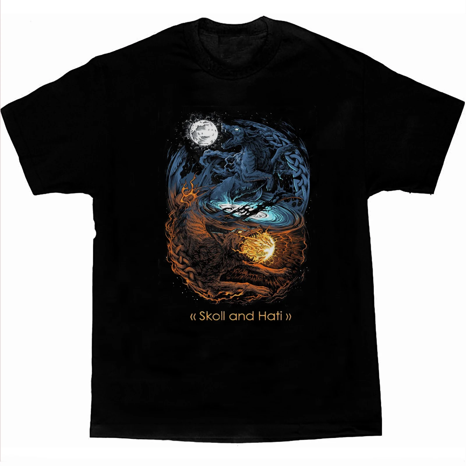 Two Giant Wolves Skoll and Hati Norse Mythology Mens T-Shirt Short Sleeve Casual 100% Cotton O-Neck T-shirt Fashion Streetwear