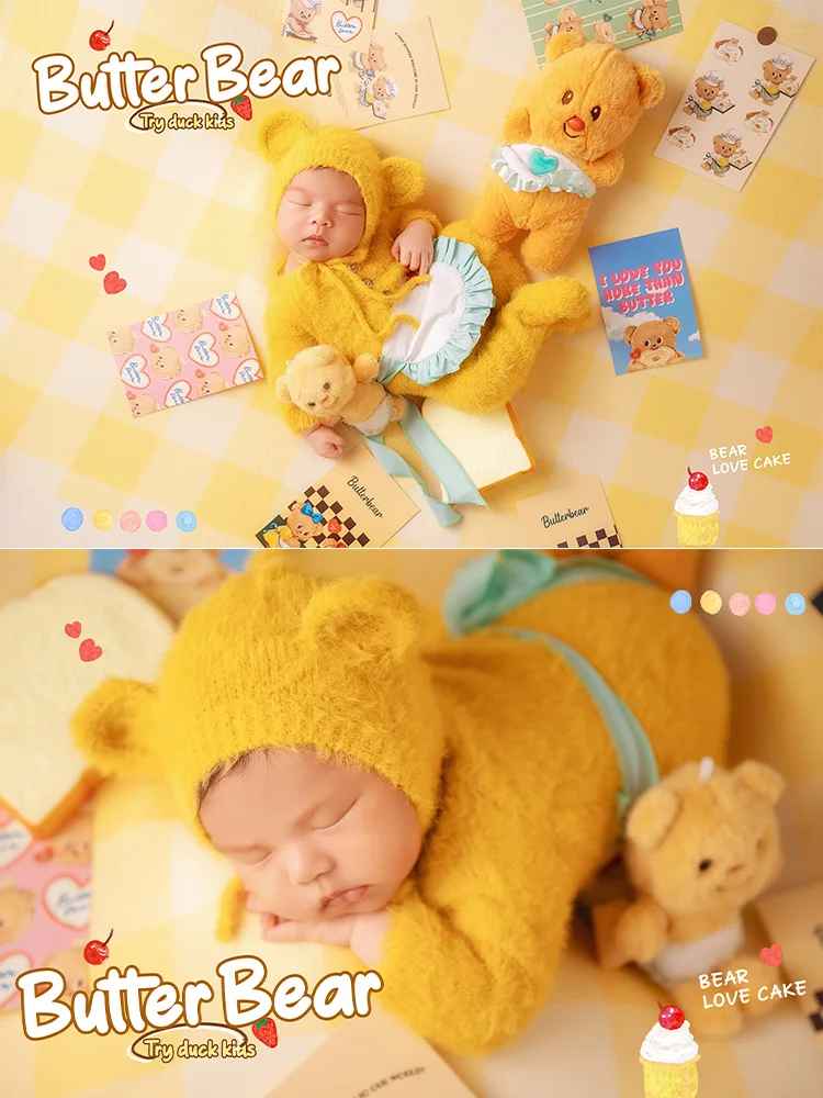 Pakaian fotografi baru lahir, Jumpsuit lengan panjang + topi + Bib Set kostum beruang kuning mentega boneka Studio alat peraga pemotretan