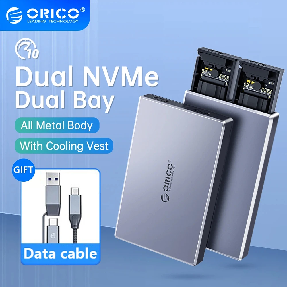 ORICO อลูมิเนียม Dual Bay Dual NVMe M2 SSD รองรับ M.2 NVMe SSD Disk เครื่องมือฟรี M.2 SSD กรณีในตัวโลหะความร้อน