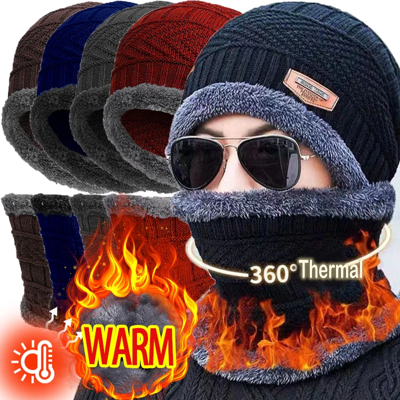 

Winter Warm Knit Hat Scarf Set Men Velvet Coral Fleece Mask Cap Scarves Outdoor Thicken Plus Neck Cover Protect Skullies Beanies