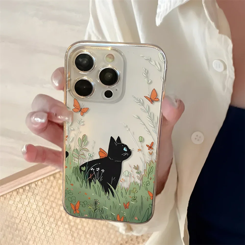 Cat and Butterfly in Flowers Clear Case for iPhone 16 15 14 Plus 13 12 mini 11 Pro Max XR Soft Silicone Cover for Women Girls