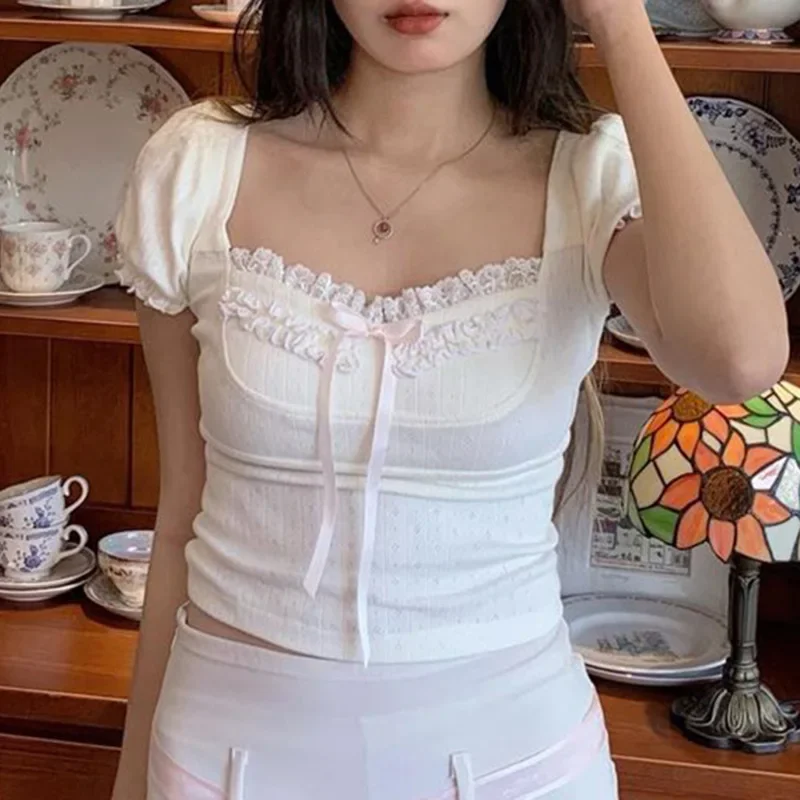 Cute Frill Lace Bow Decorate Top Women's Summer Puff Short Sleeve Square Collar T-shirts Y2K Aesthetic Tees Coquette