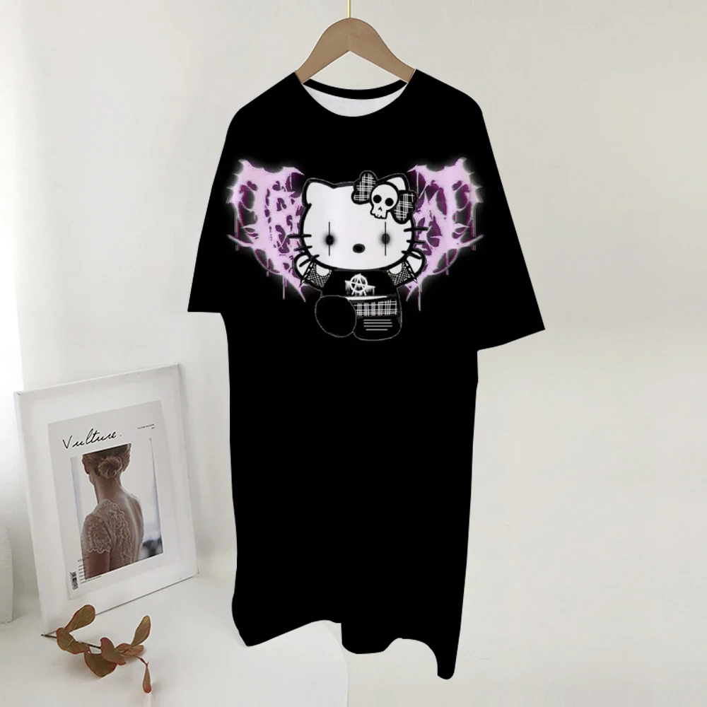 Verano mujer camiseta vestido Casual cuello redondo manga corta Hello Kitty estampado coreano Slim Mini Vestidos