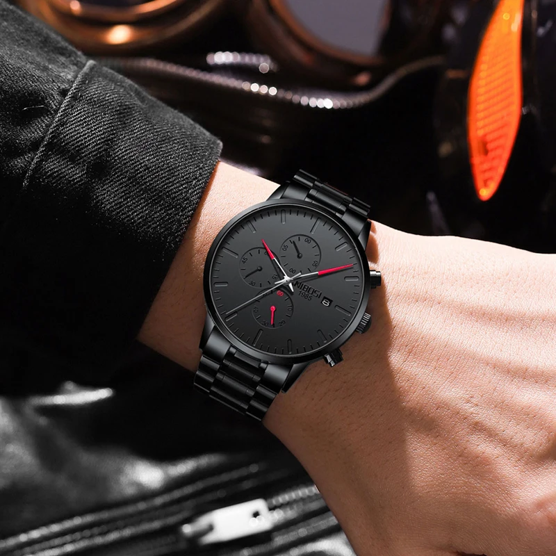 NIBOSI-reloj analógico de acero inoxidable para hombre, accesorio de pulsera de cuarzo resistente al agua con cronógrafo, complemento Masculino de marca de lujo en color negro