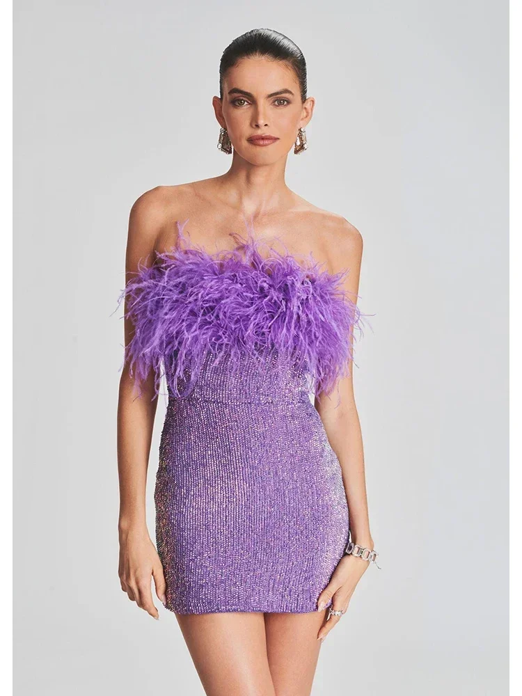 

JONN Sexy Strapless Sequins Feather Bodycon Mini Dress Elegant Purple Shiny Sequin Luxury Evening Dress Women Party Cocktail