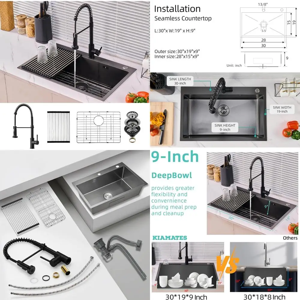 

30 Inch Single Bowl Handmade Overmount Kitchen Sink in Black with T304 Stainless Steel